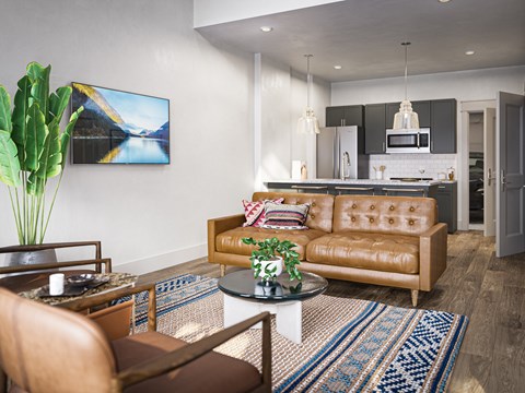 a living room with a couch and a table